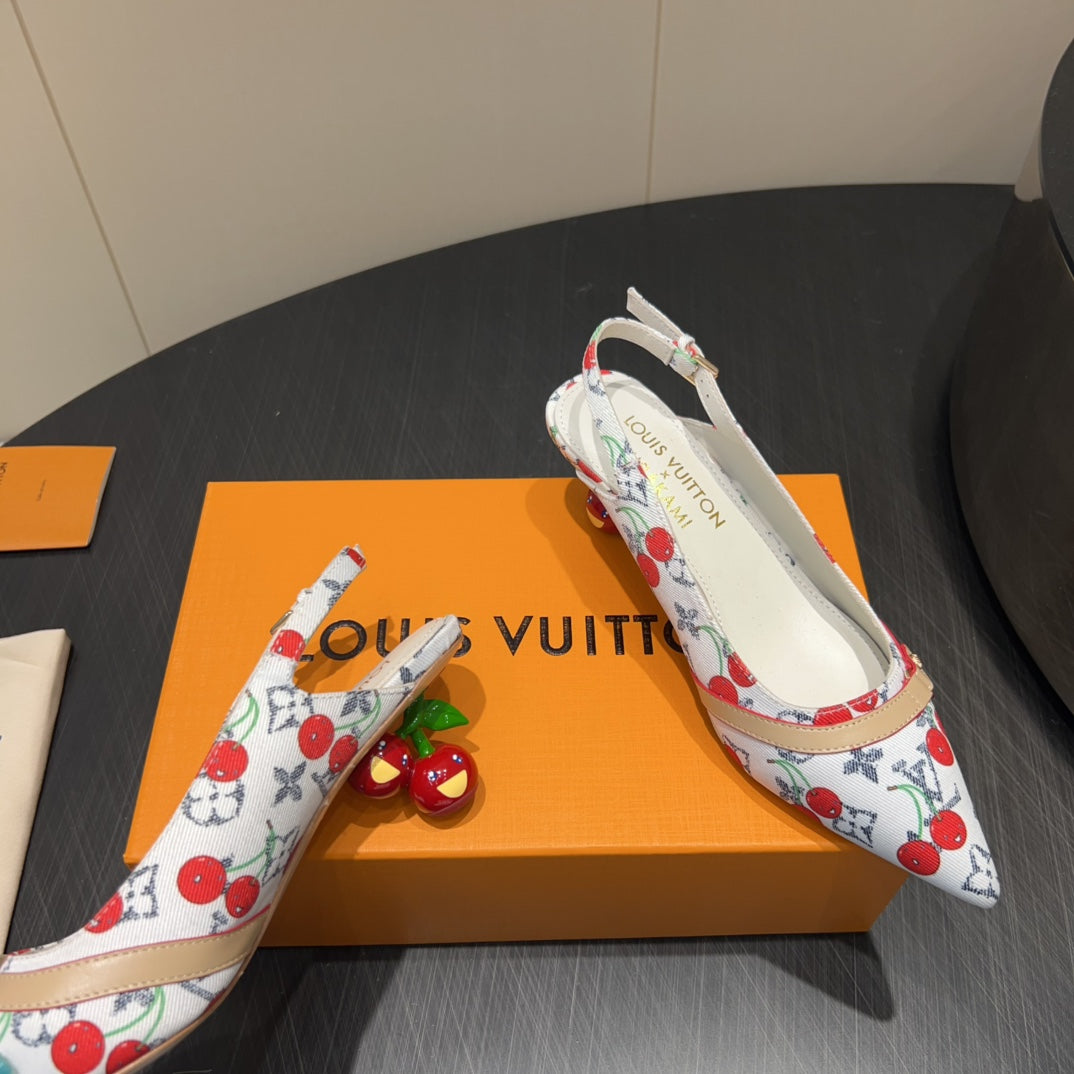 LV HIGH SLINGBACK LOGO AND CHERRY PRINT 25S 55MM IN WHITE DENIM - 35