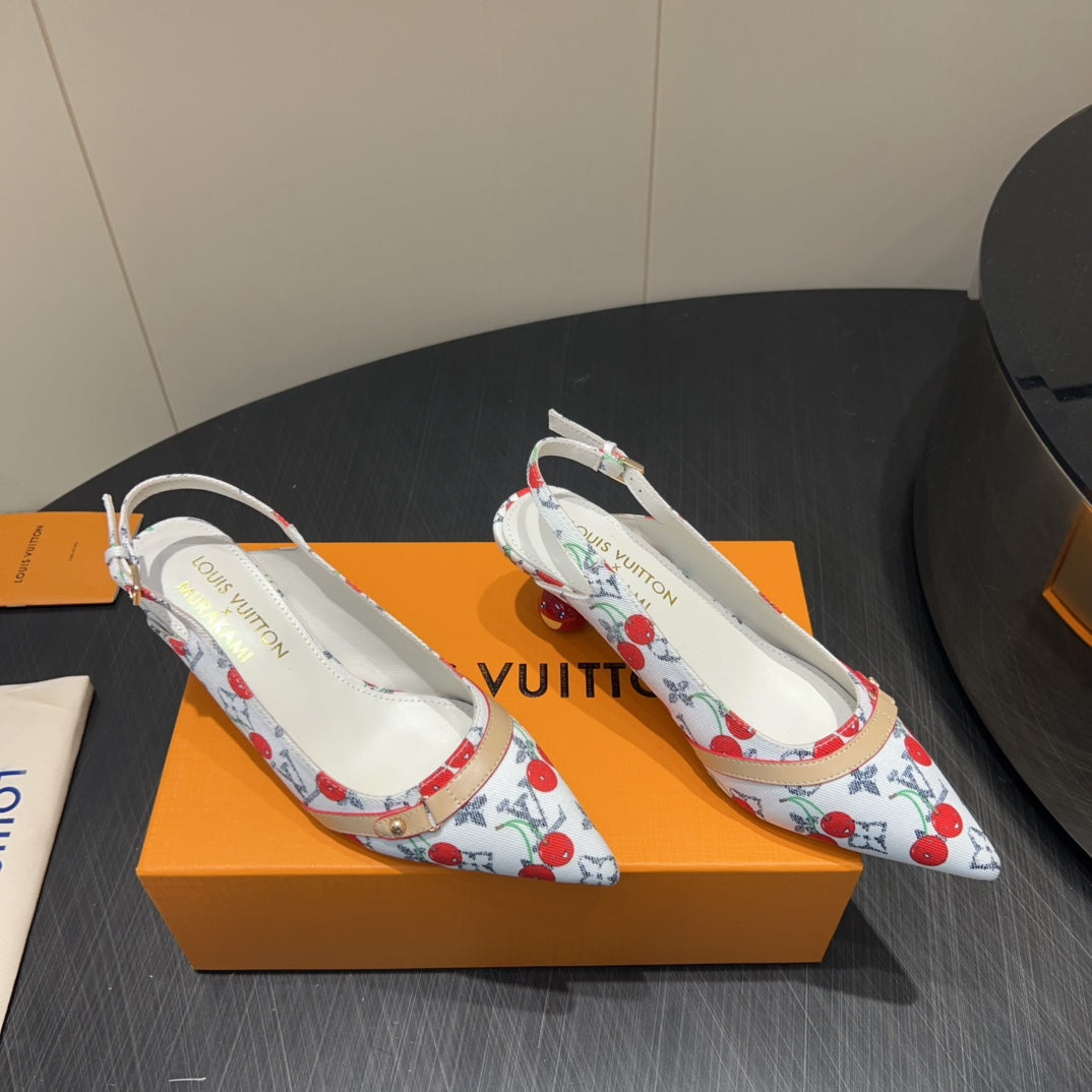 LV HIGH SLINGBACK LOGO AND CHERRY PRINT 25S 55MM IN WHITE DENIM - 35