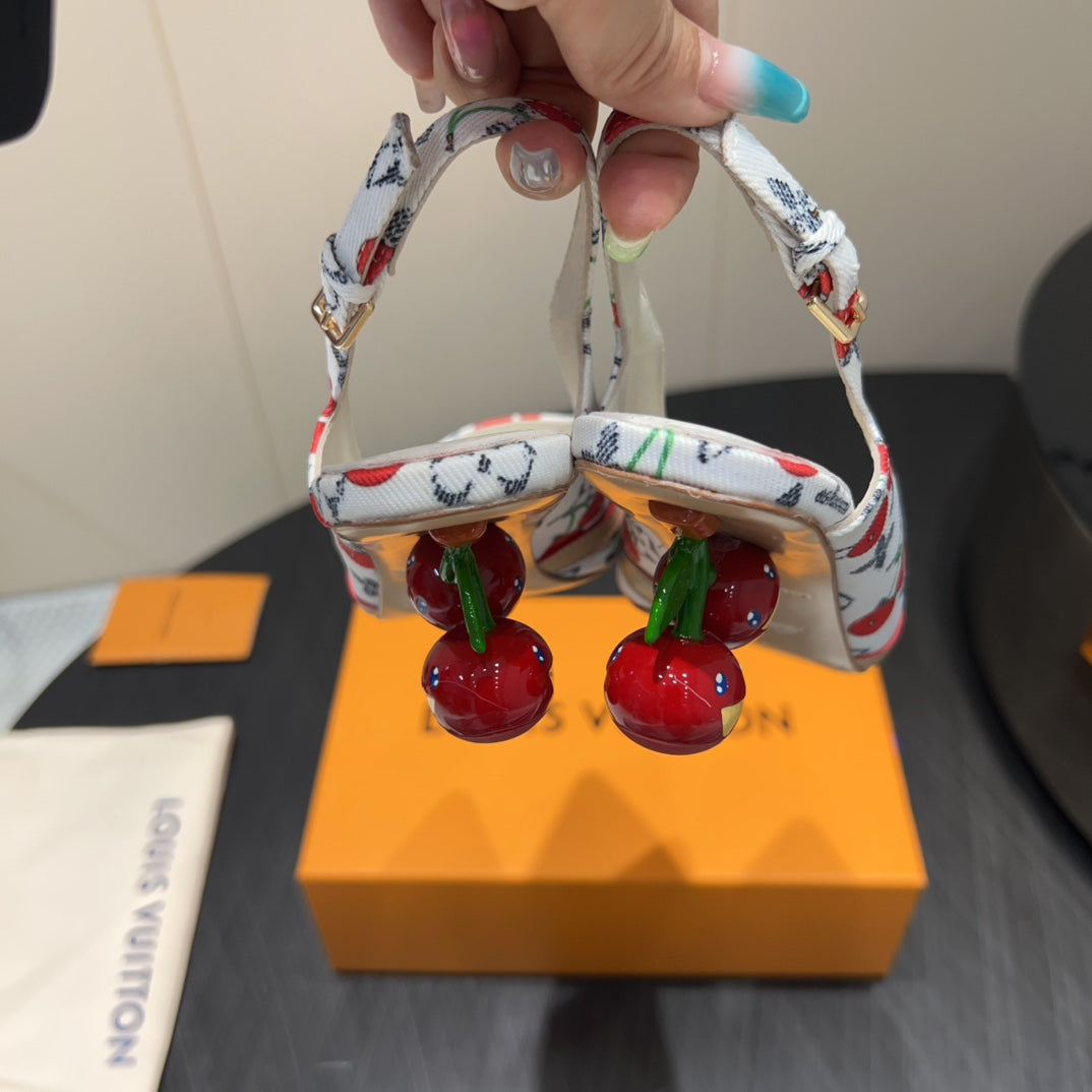 LV HIGH SLINGBACK LOGO AND CHERRY PRINT 25S 55MM IN WHITE DENIM - 35