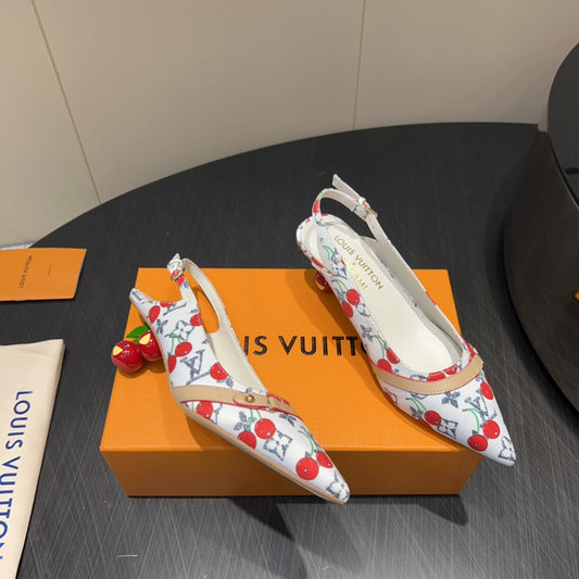 LV HIGH SLINGBACK LOGO AND CHERRY PRINT 25S 55MM IN WHITE DENIM - 35