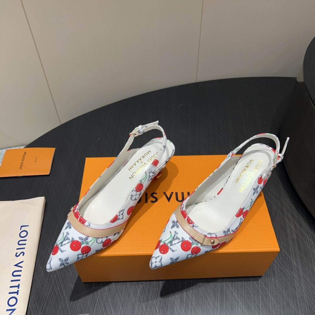 LV HIGH SLINGBACK LOGO AND CHERRY PRINT 25S 55MM IN WHITE DENIM - 35