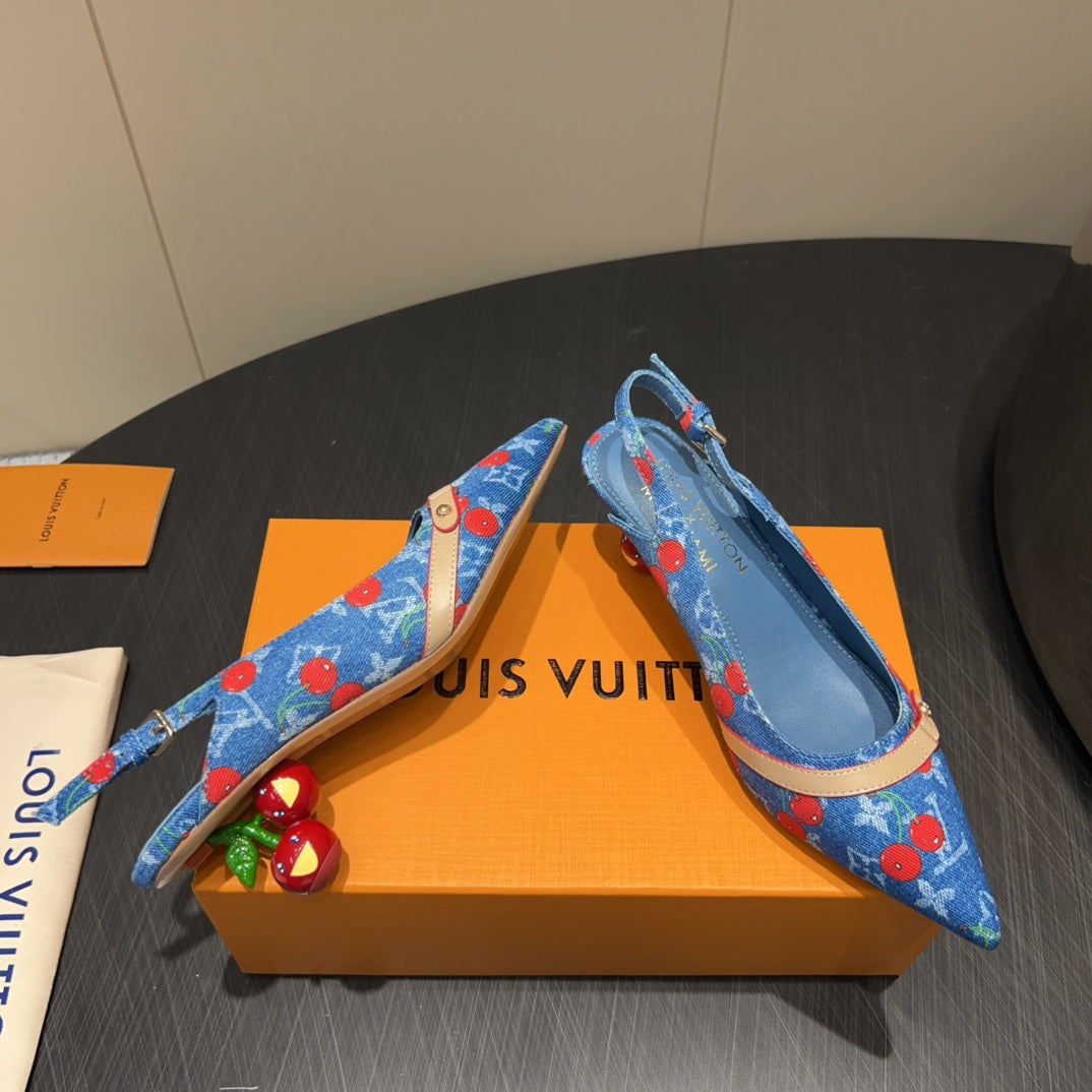 LV HIGH SLINGBACK LOGO AND CHERRY PRINT 25S 55MM IN BLUE DENIM - 35