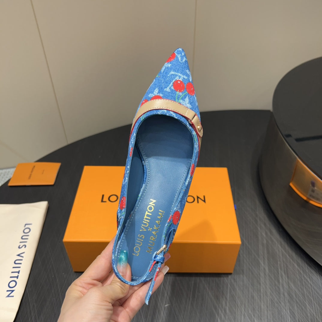 LV HIGH SLINGBACK LOGO AND CHERRY PRINT 25S 55MM IN BLUE DENIM - 35
