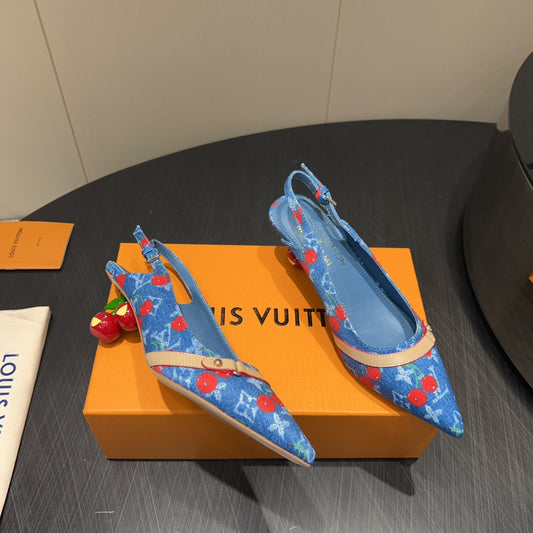 LV HIGH SLINGBACK LOGO AND CHERRY PRINT 25S 55MM IN BLUE DENIM - 35