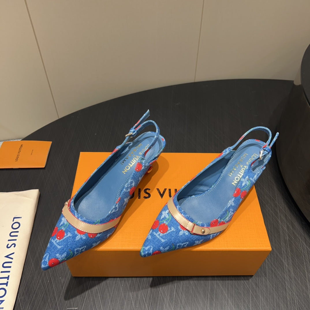 LV HIGH SLINGBACK LOGO AND CHERRY PRINT 25S 55MM IN BLUE DENIM - 35