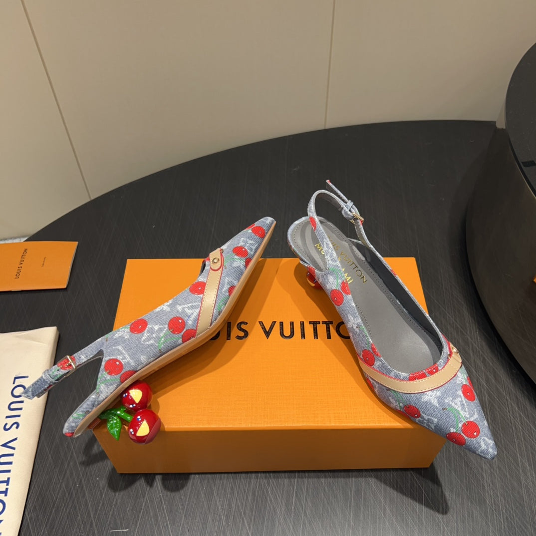 LV HIGH SLINGBACK LOGO AND CHERRY PRINT 25S 55MM IN GREY DENIM - 35
