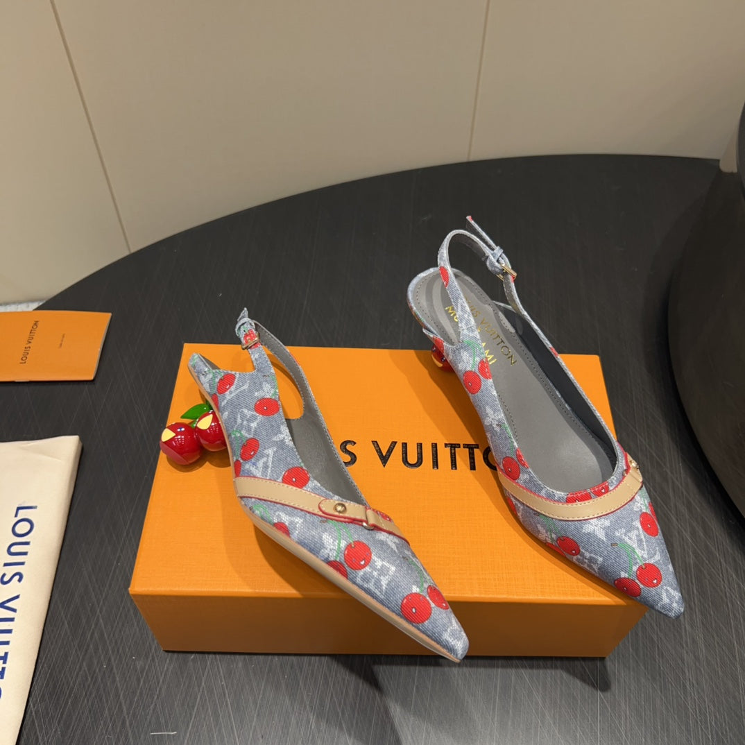 LV HIGH SLINGBACK LOGO AND CHERRY PRINT 25S 55MM IN GREY DENIM - 35