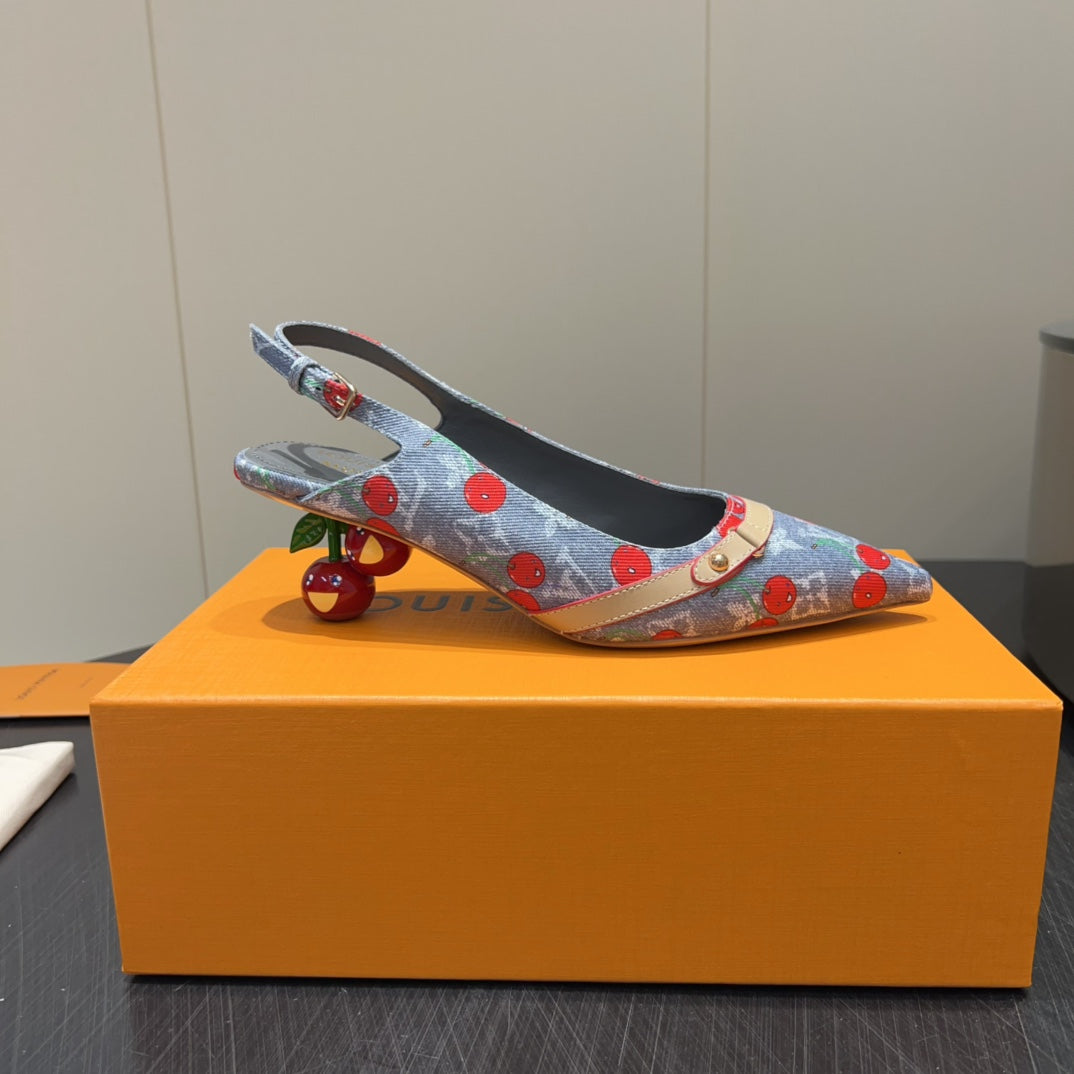 LV HIGH SLINGBACK LOGO AND CHERRY PRINT 25S 55MM IN GREY DENIM - 35
