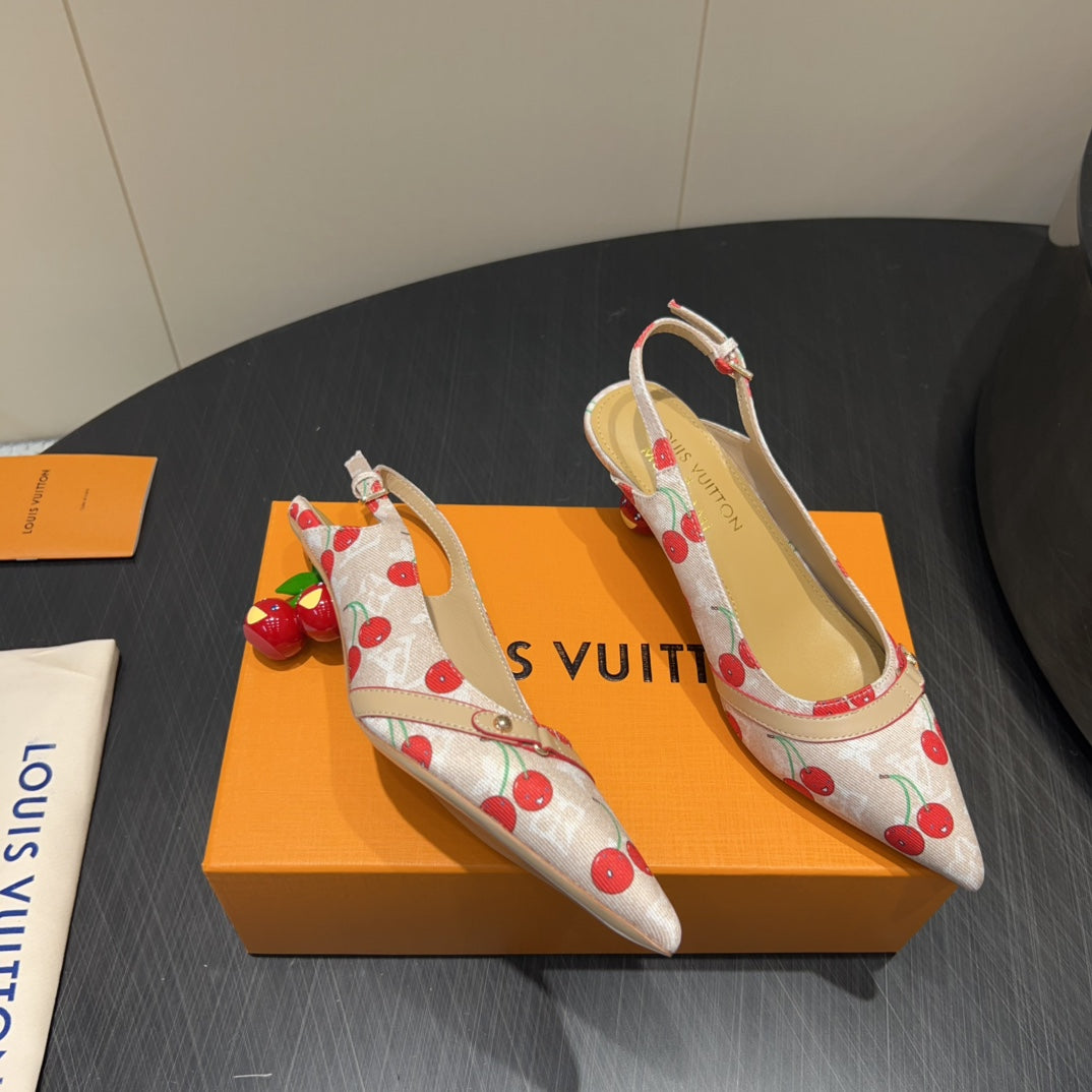 LV HIGH SLINGBACK LOGO AND CHERRY PRINT 25S 55MM IN BLUSH NUDE DENIM - 35