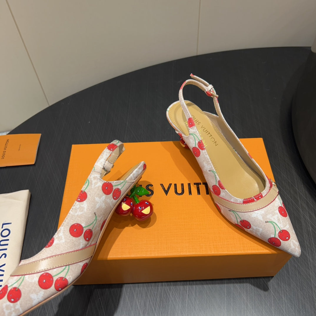 LV HIGH SLINGBACK LOGO AND CHERRY PRINT 25S 55MM IN BLUSH NUDE DENIM - 35