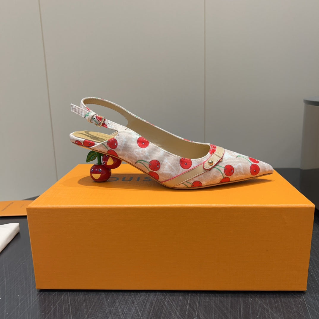 LV HIGH SLINGBACK LOGO AND CHERRY PRINT 25S 55MM IN BLUSH NUDE DENIM - 35