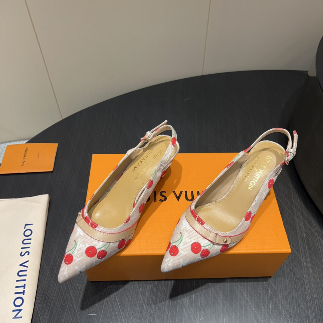 LV HIGH SLINGBACK LOGO AND CHERRY PRINT 25S 55MM IN BLUSH NUDE DENIM - 35