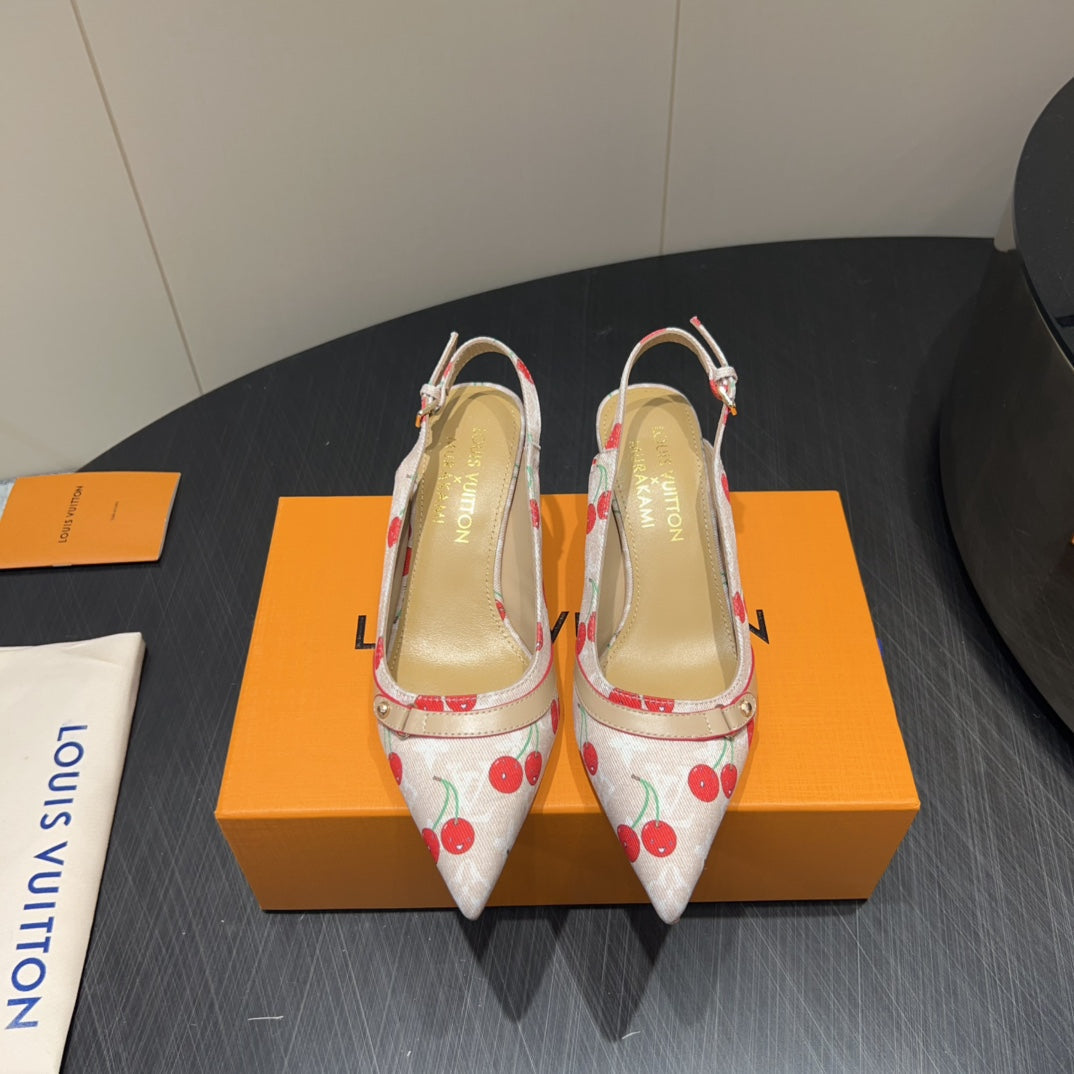 LV HIGH SLINGBACK LOGO AND CHERRY PRINT 25S 55MM IN BLUSH NUDE DENIM - 35