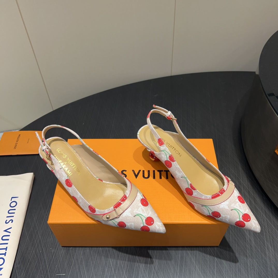 LV HIGH SLINGBACK LOGO AND CHERRY PRINT 25S 55MM IN BLUSH NUDE DENIM - 35