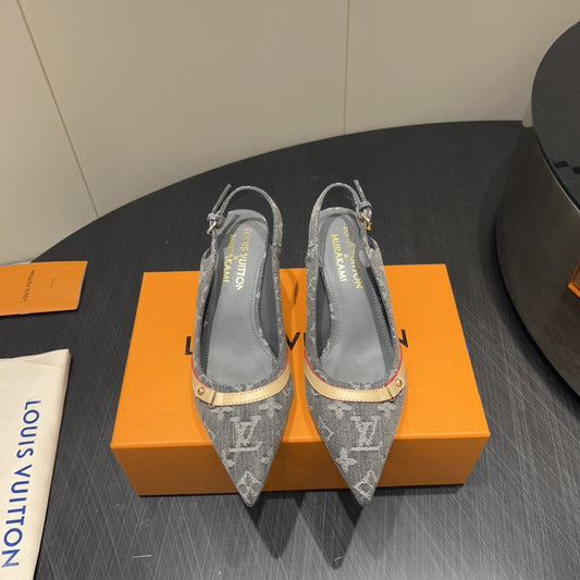 LV HIGH SLINGBACK LOGO PRINT 25S 55MM IN GREY DENIM - 35