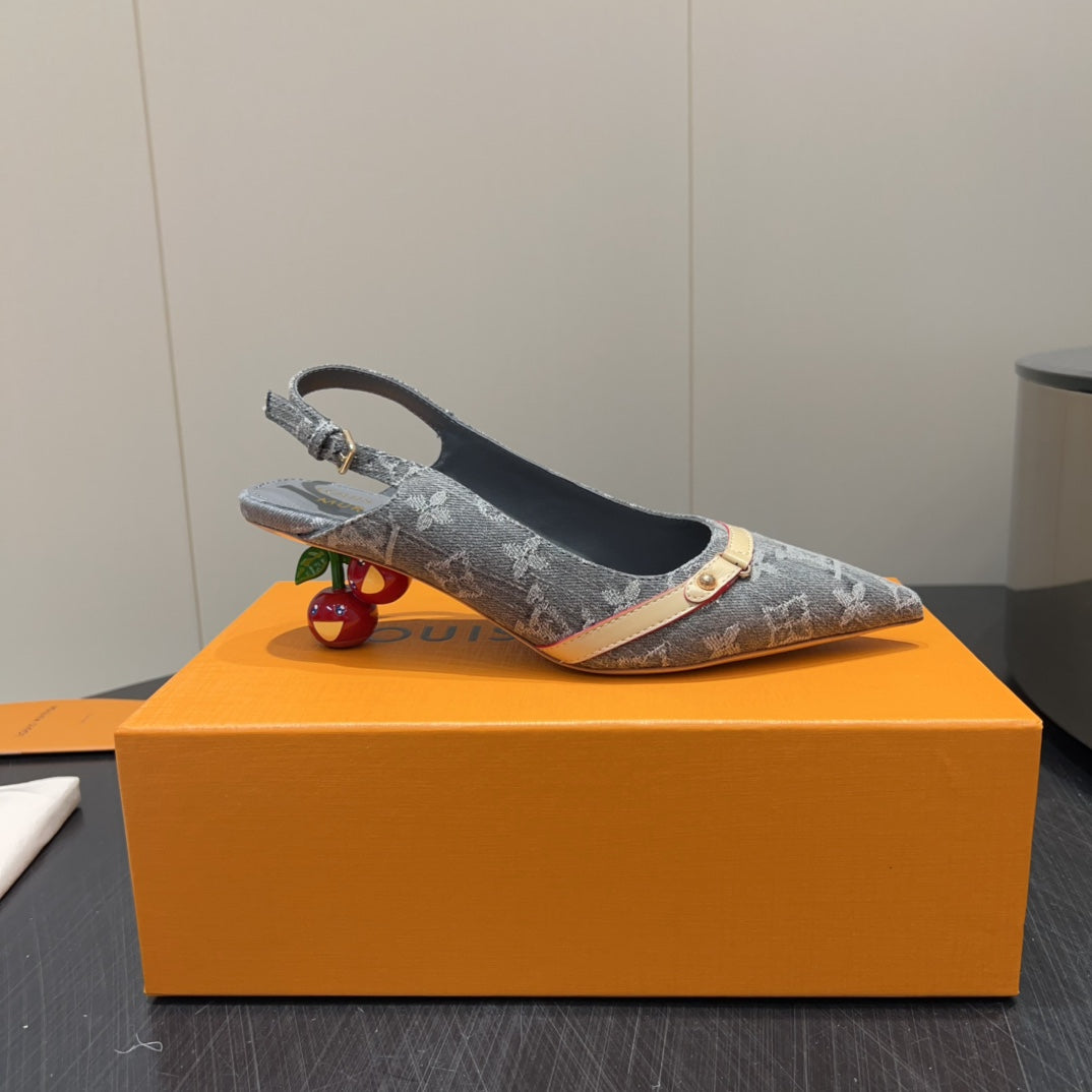 LV HIGH SLINGBACK LOGO PRINT 25S 55MM IN GREY DENIM - 35