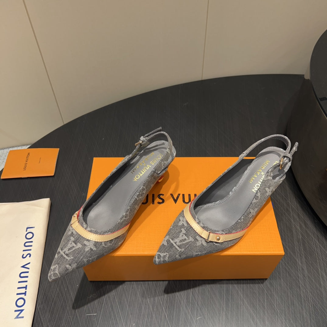 LV HIGH SLINGBACK LOGO PRINT 25S 55MM IN GREY DENIM - 35