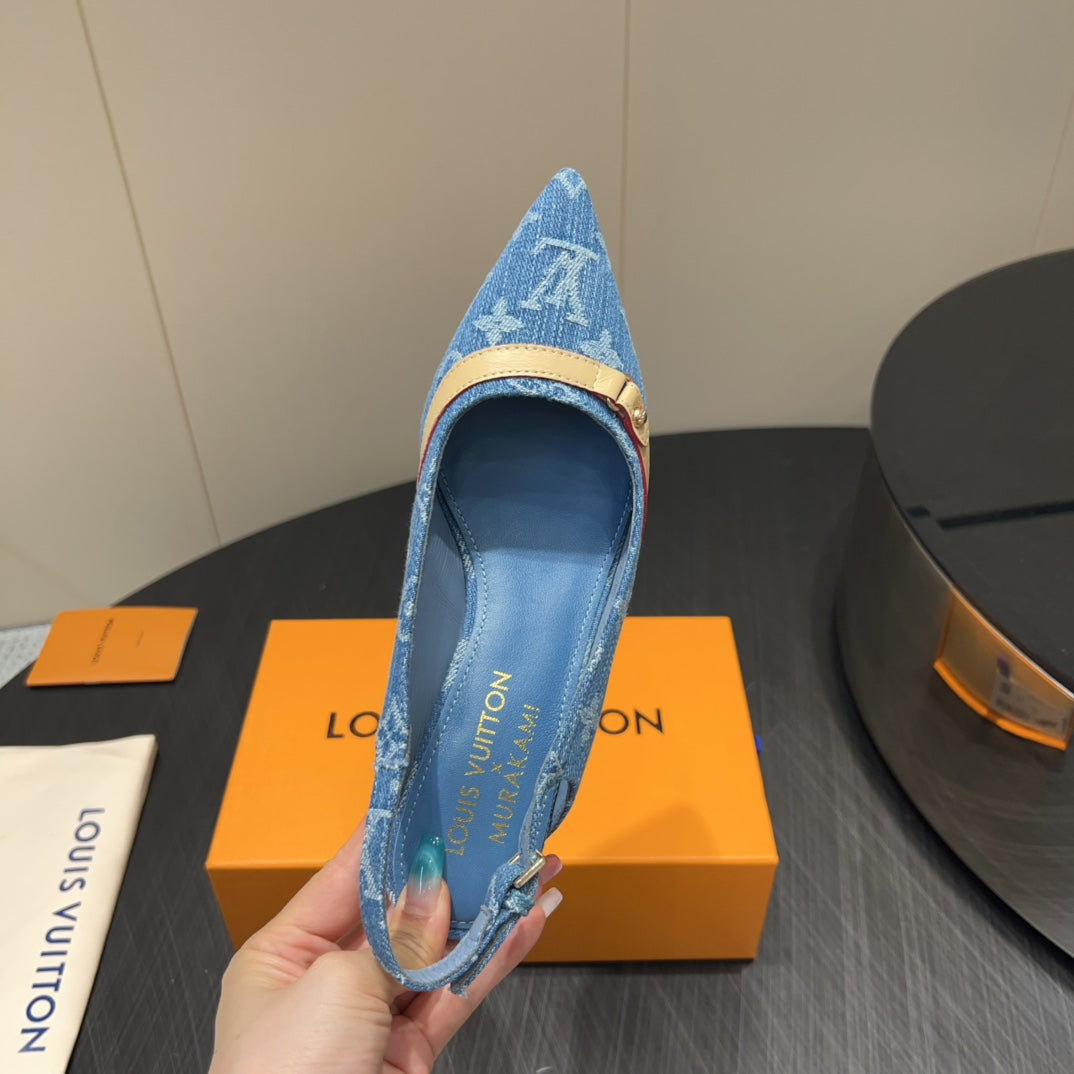 LV HIGH SLINGBACK LOGO PRINT 25S 55MM IN BLUE DENIM - 35