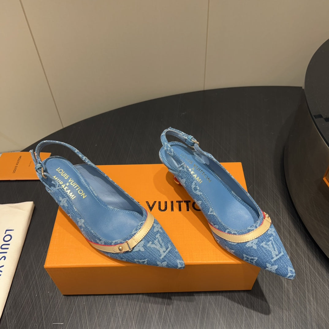 LV HIGH SLINGBACK LOGO PRINT 25S 55MM IN BLUE DENIM - 35