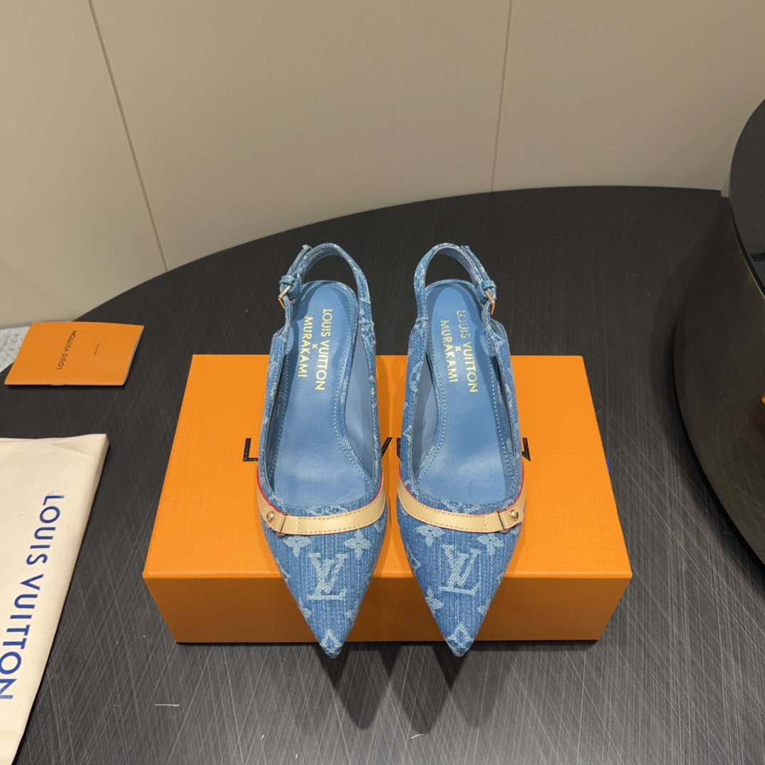 LV HIGH SLINGBACK LOGO PRINT 25S 55MM IN BLUE DENIM - 35