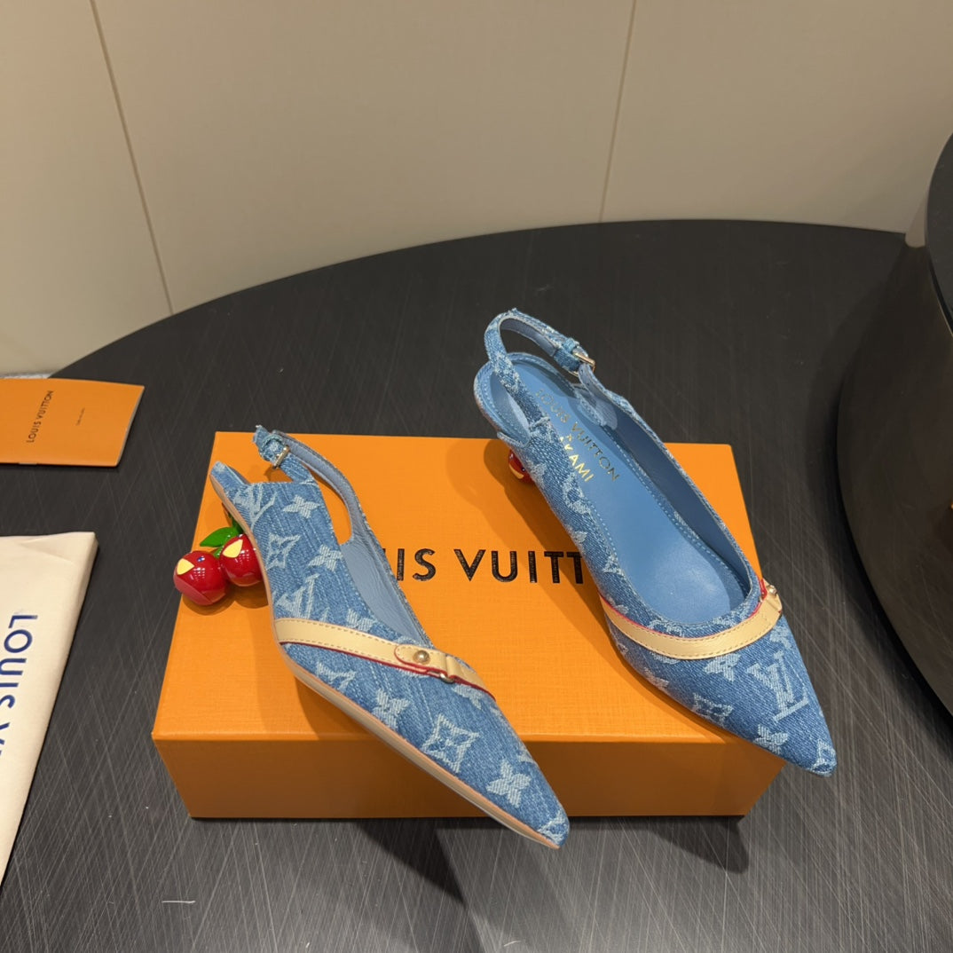 LV HIGH SLINGBACK LOGO PRINT 25S 55MM IN BLUE DENIM - 35