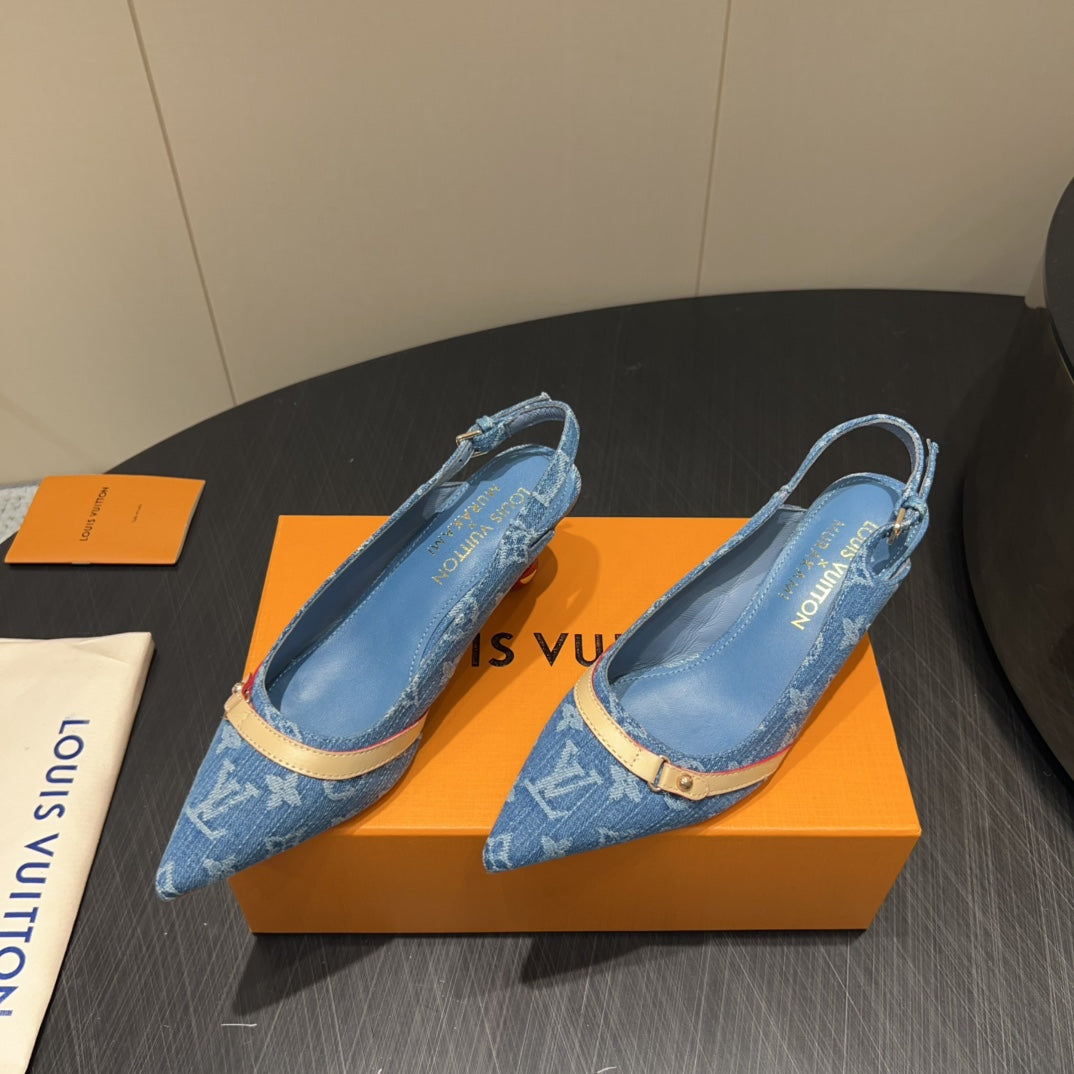 LV HIGH SLINGBACK LOGO PRINT 25S 55MM IN BLUE DENIM - 35