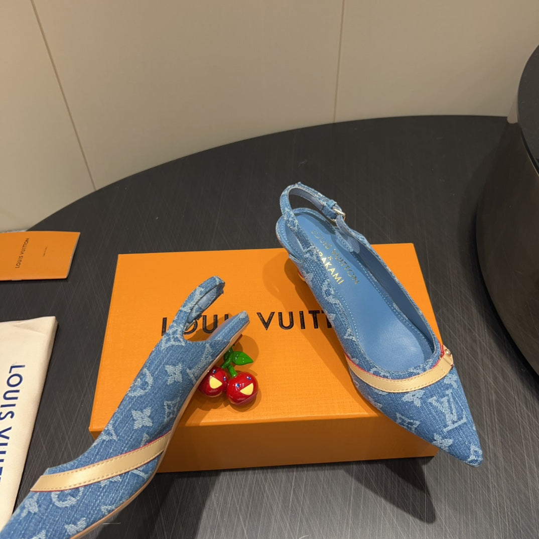 LV HIGH SLINGBACK LOGO PRINT 25S 55MM IN BLUE DENIM - 35
