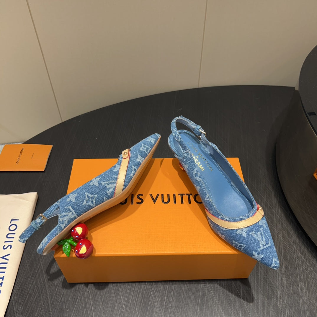 LV HIGH SLINGBACK LOGO PRINT 25S 55MM IN BLUE DENIM - 35