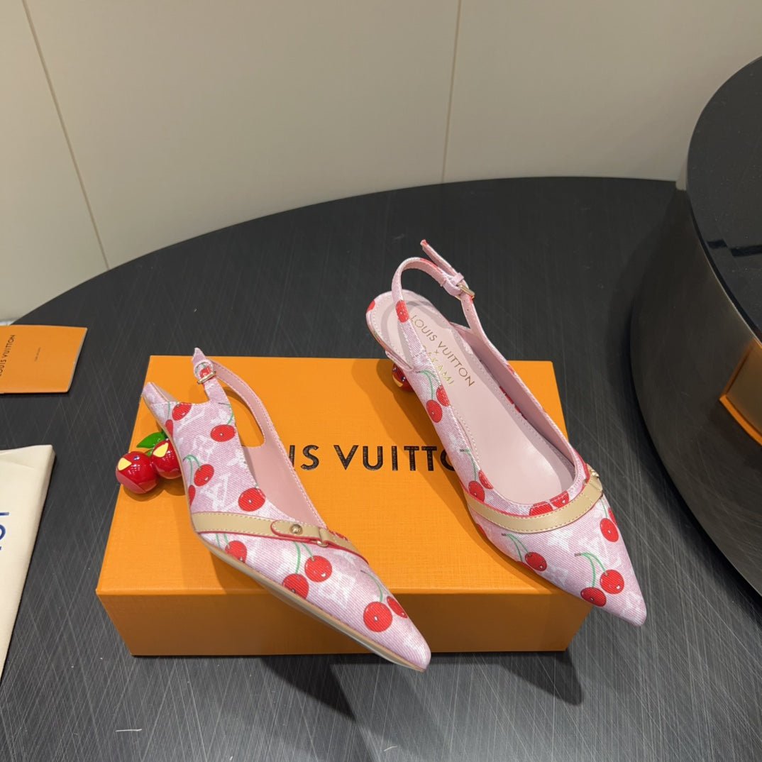 LV HIGH SLINGBACK LOGO AND CHERRY PRINT 25S 55MM IN LIGHT PINK DENIM - 35