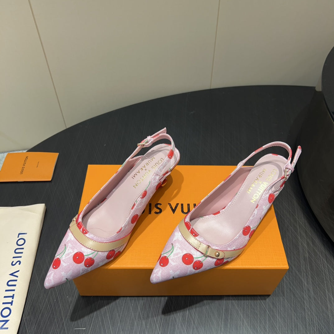 LV HIGH SLINGBACK LOGO AND CHERRY PRINT 25S 55MM IN LIGHT PINK DENIM - 35