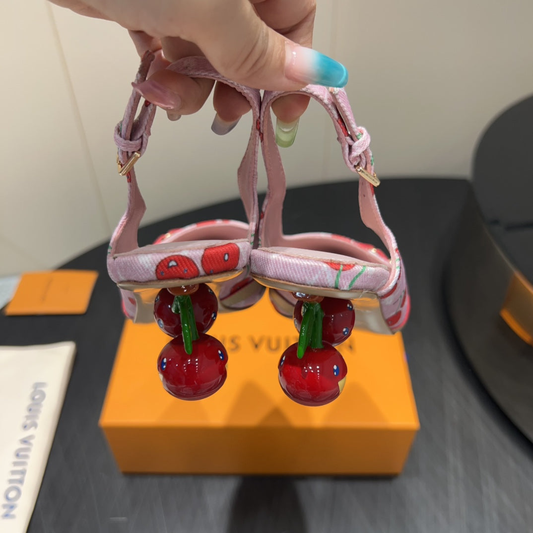 LV HIGH SLINGBACK LOGO AND CHERRY PRINT 25S 55MM IN LIGHT PINK DENIM - 35