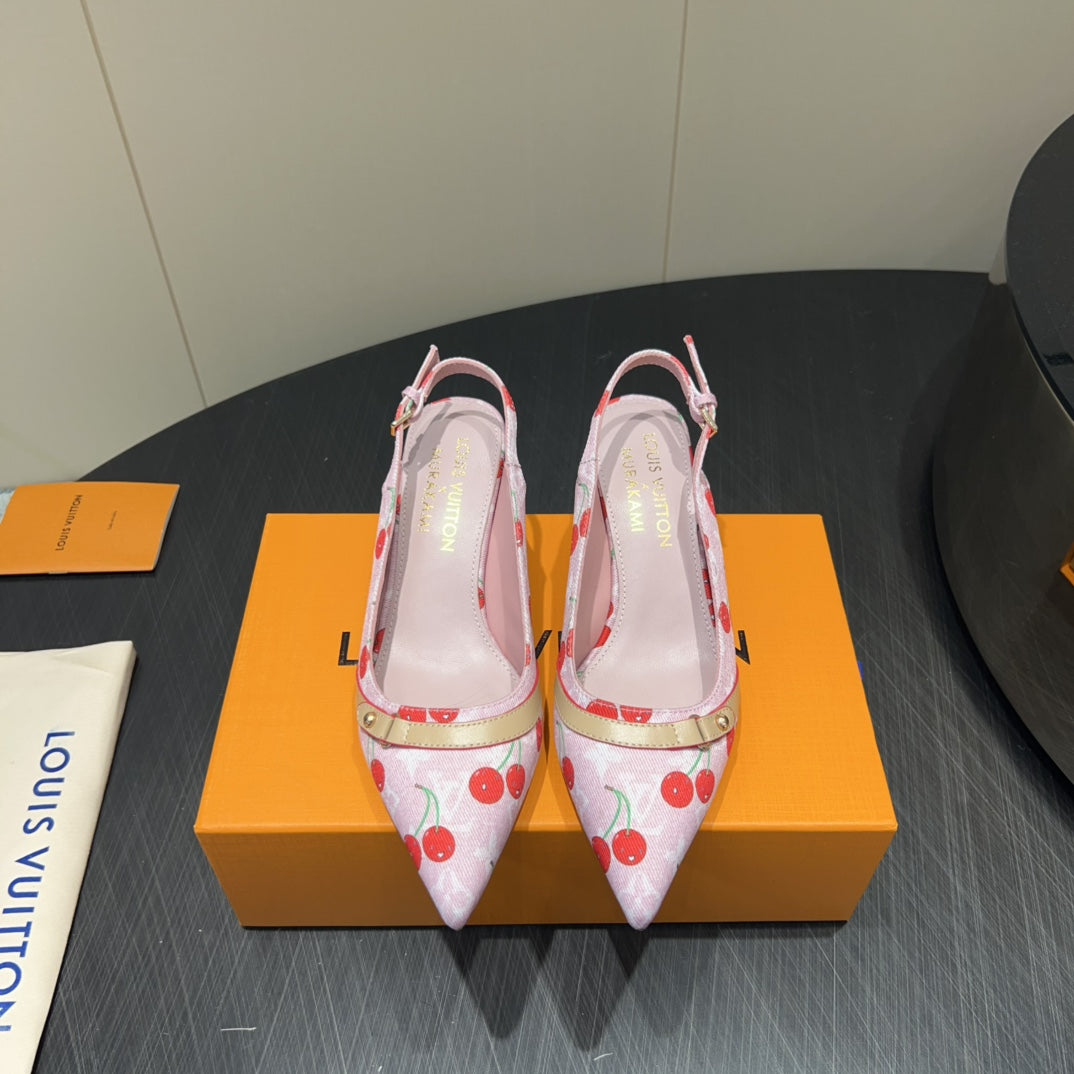LV HIGH SLINGBACK LOGO AND CHERRY PRINT 25S 55MM IN LIGHT PINK DENIM - 35