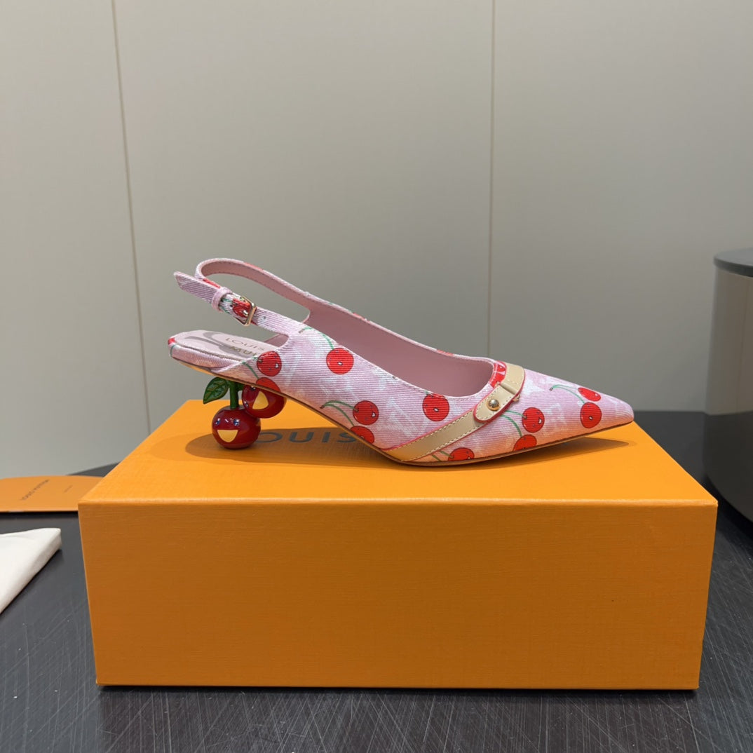 LV HIGH SLINGBACK LOGO AND CHERRY PRINT 25S 55MM IN LIGHT PINK DENIM - 35