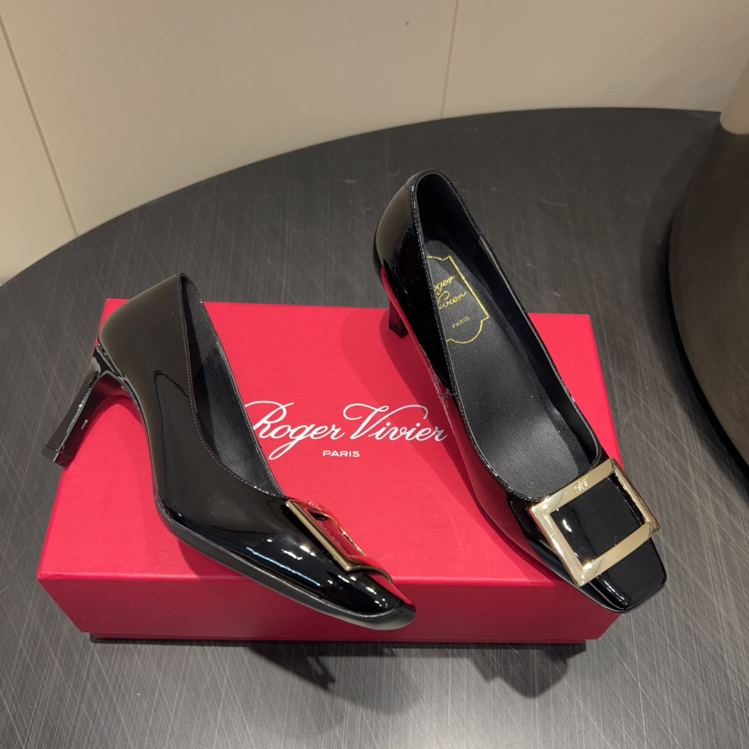 ROGER VIVIER 25S BELLE VIVIER PUMPS 70MM IN BLACK CALFSKIN GOLD BUCKLE - 34