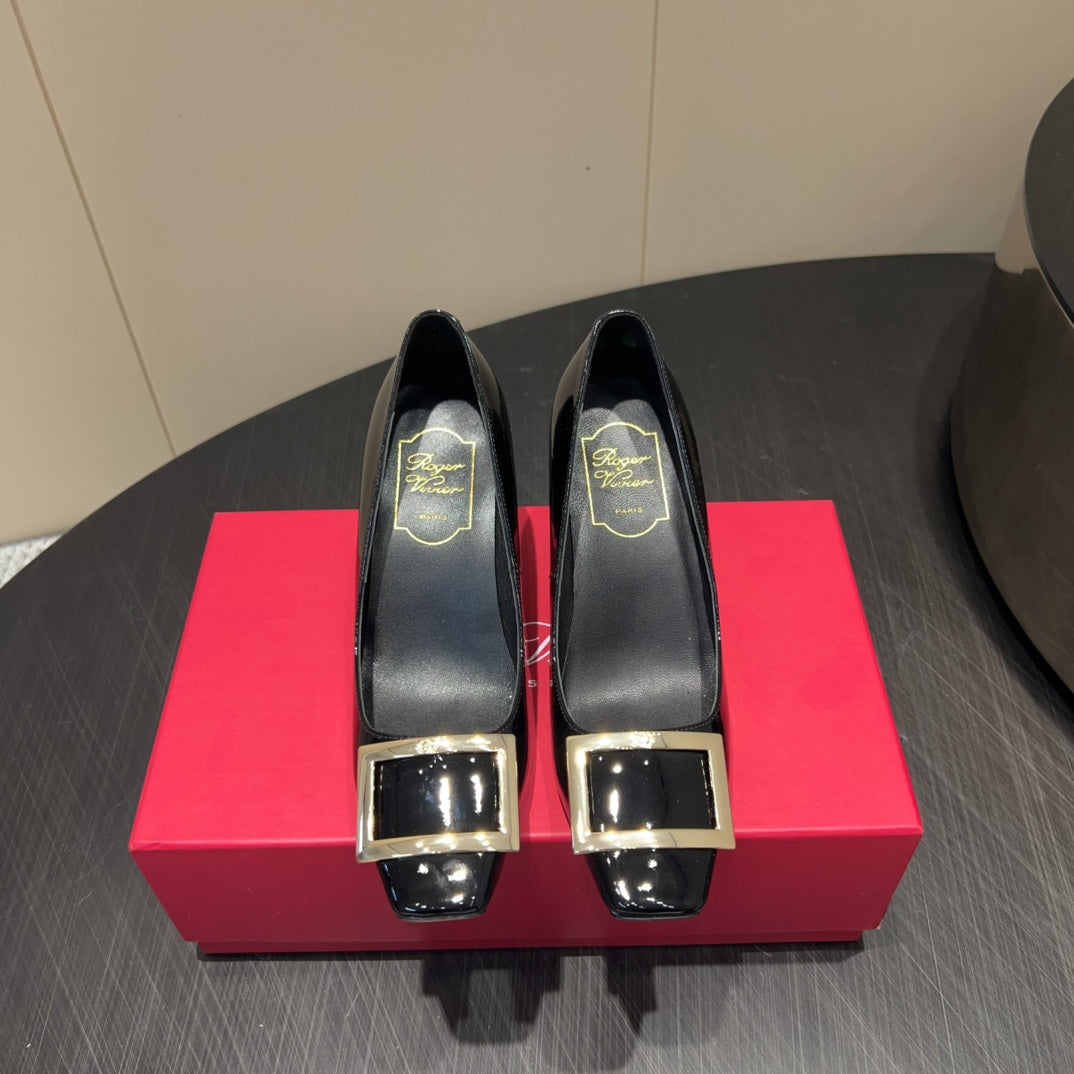 ROGER VIVIER 25S BELLE VIVIER PUMPS 70MM IN BLACK CALFSKIN GOLD BUCKLE - 34