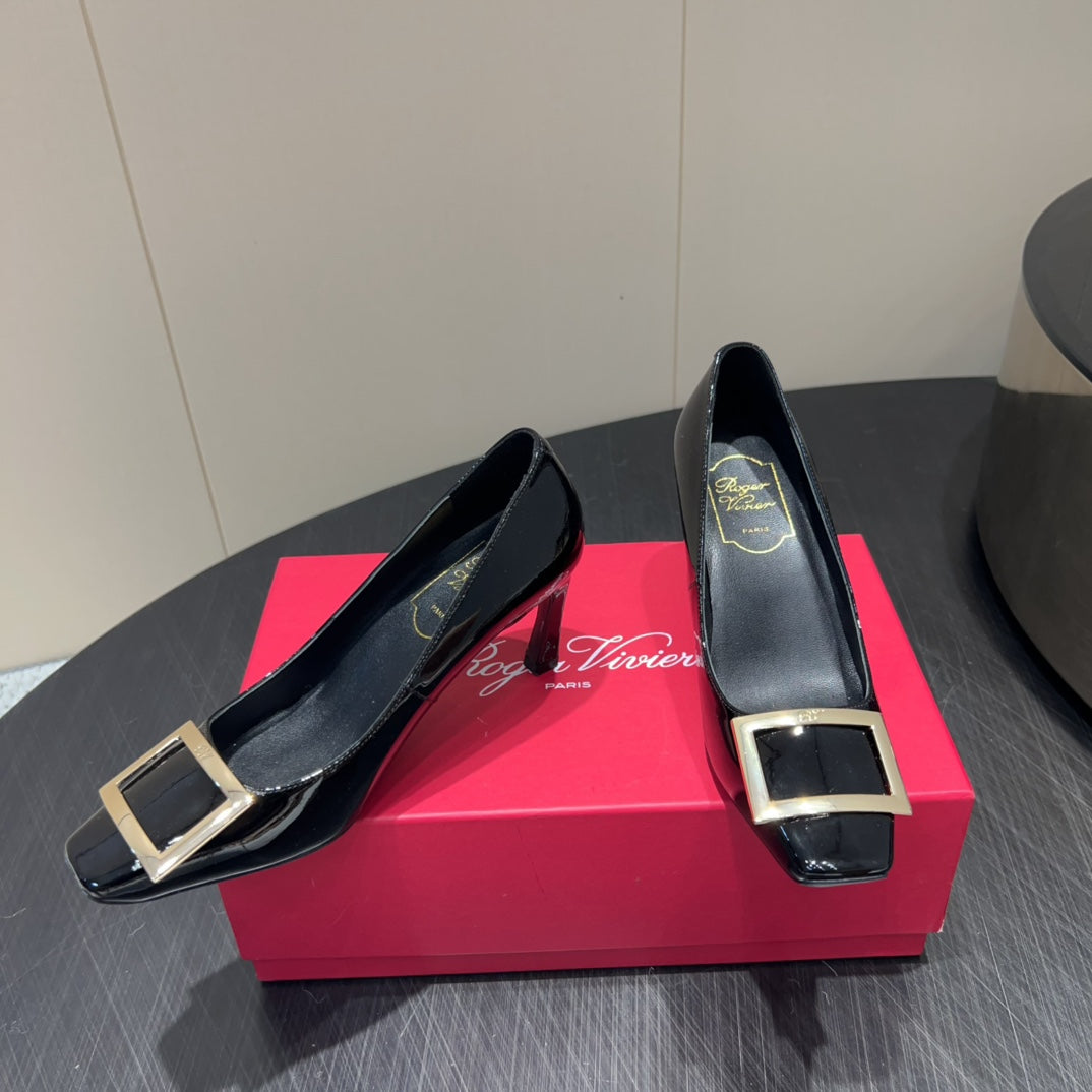 ROGER VIVIER 25S BELLE VIVIER PUMPS 70MM IN BLACK CALFSKIN GOLD BUCKLE - 34