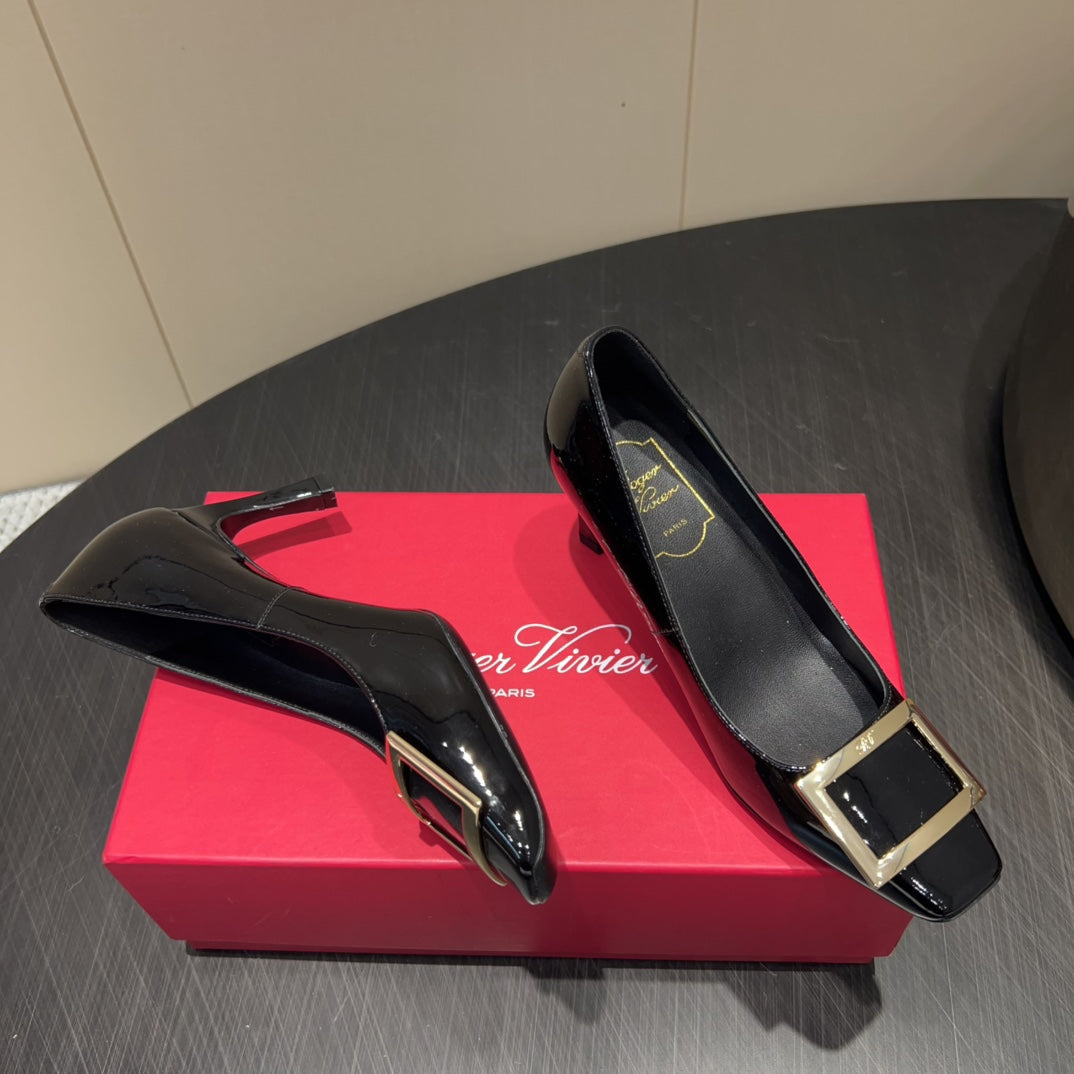ROGER VIVIER 25S BELLE VIVIER PUMPS 70MM IN BLACK CALFSKIN GOLD BUCKLE - 34