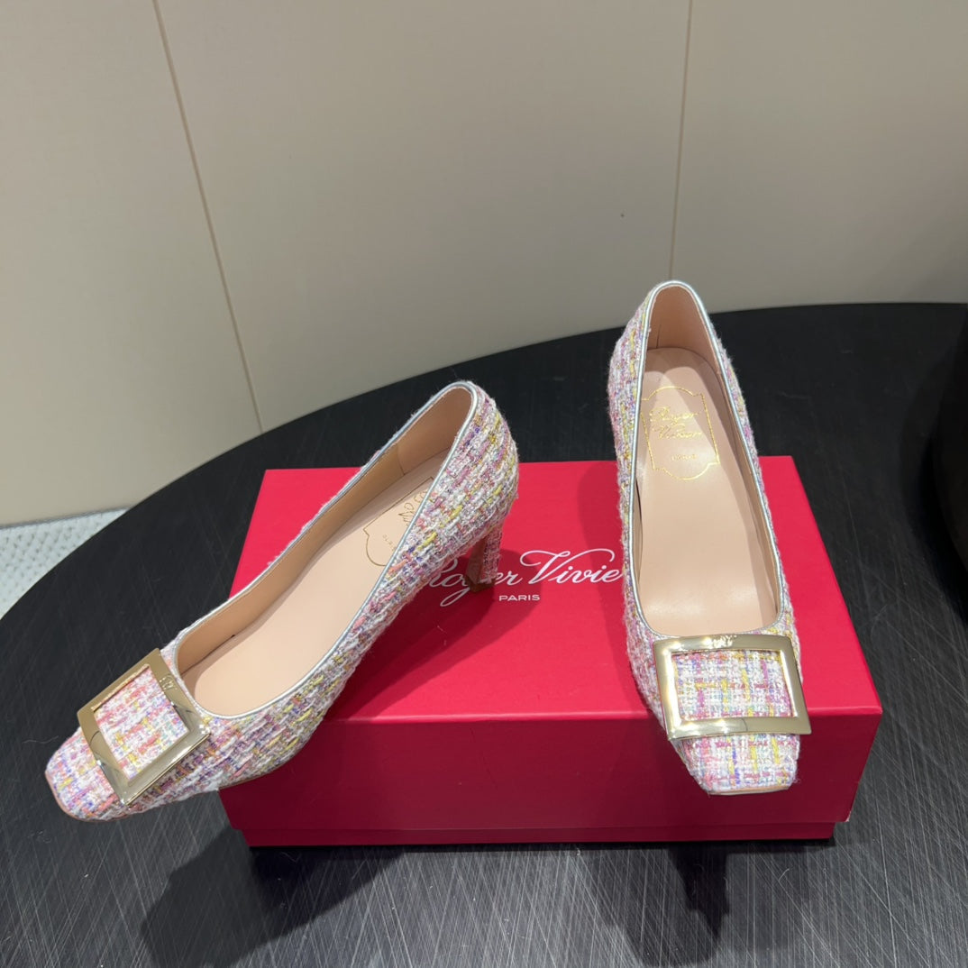 ROGER VIVIER 25S TROMPETTE SQUARE TOE HIGH HEELS 70MM IN PINK TWEED - 34