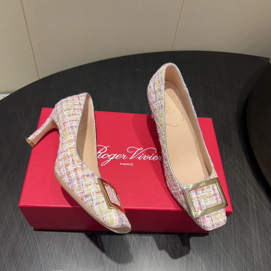ROGER VIVIER 25S TROMPETTE SQUARE TOE HIGH HEELS 70MM IN PINK TWEED - 34