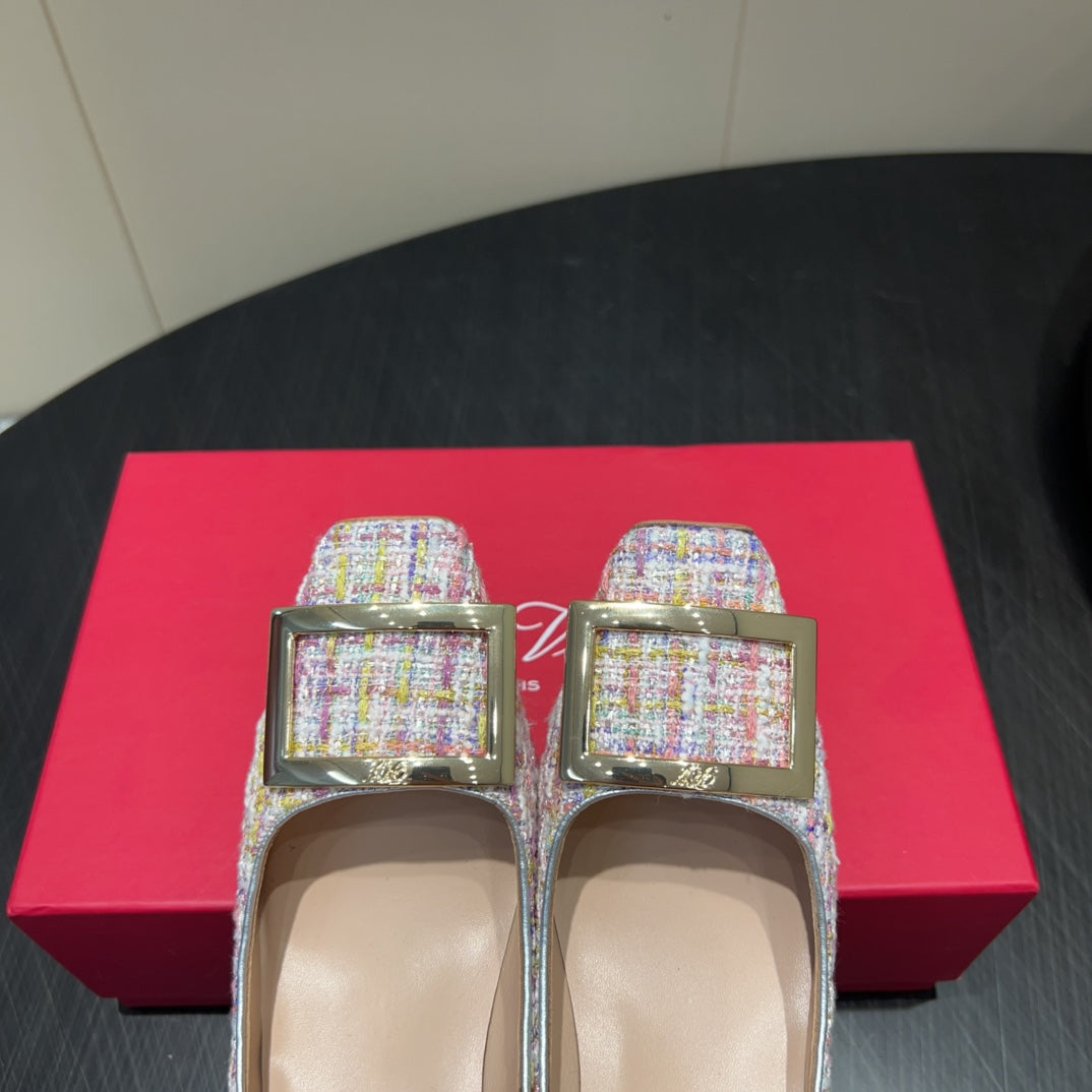 ROGER VIVIER 25S TROMPETTE SQUARE TOE HIGH HEELS 70MM IN PINK TWEED - 34