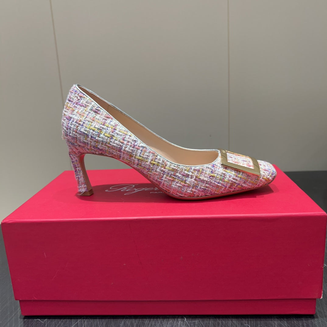 ROGER VIVIER 25S TROMPETTE SQUARE TOE HIGH HEELS 70MM IN PINK TWEED - 34