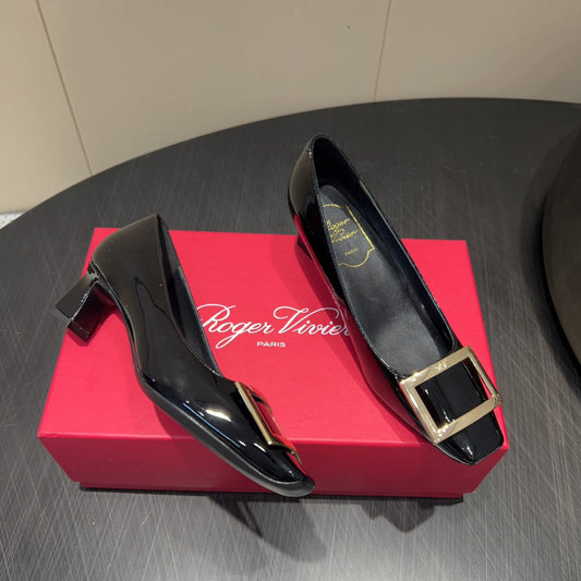 ROGER VIVIER 25S BELLE VIVIER PUMPS 45MM IN BLACK CALFSKIN GOLD BUCKLE - 34