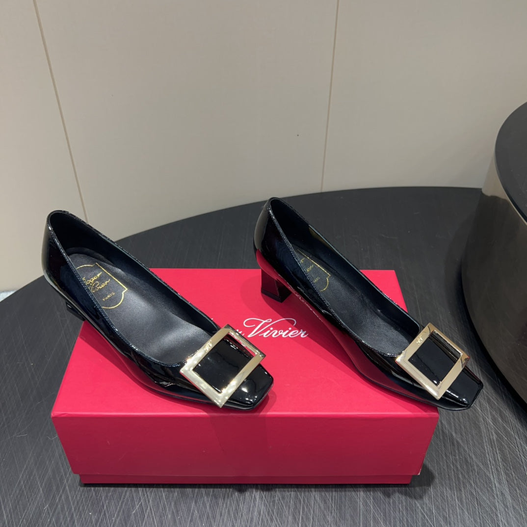 ROGER VIVIER 25S BELLE VIVIER PUMPS 45MM IN BLACK CALFSKIN GOLD BUCKLE - 34
