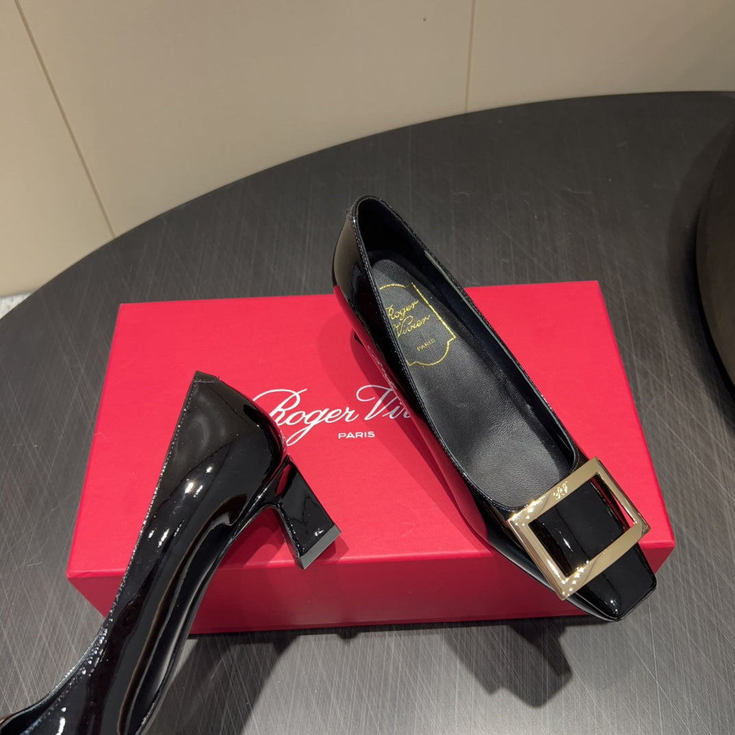 ROGER VIVIER 25S BELLE VIVIER PUMPS 45MM IN BLACK CALFSKIN GOLD BUCKLE - 34