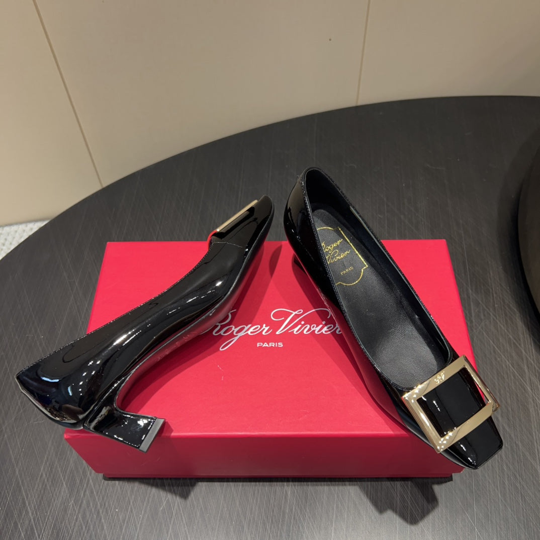 ROGER VIVIER 25S BELLE VIVIER PUMPS 45MM IN BLACK CALFSKIN GOLD BUCKLE - 34
