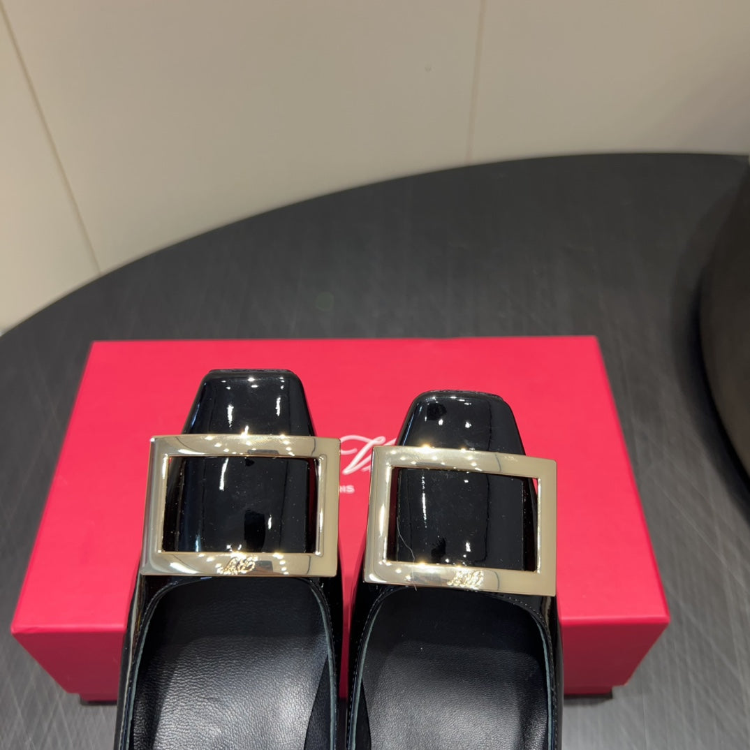 ROGER VIVIER 25S BELLE VIVIER PUMPS 45MM IN BLACK CALFSKIN GOLD BUCKLE - 34