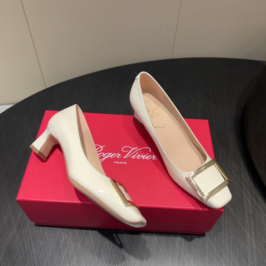 ROGER VIVIER 25S BELLE VIVIER PUMPS 45MM IN IVORY CALFSKIN GOLD BUCKLE - 34