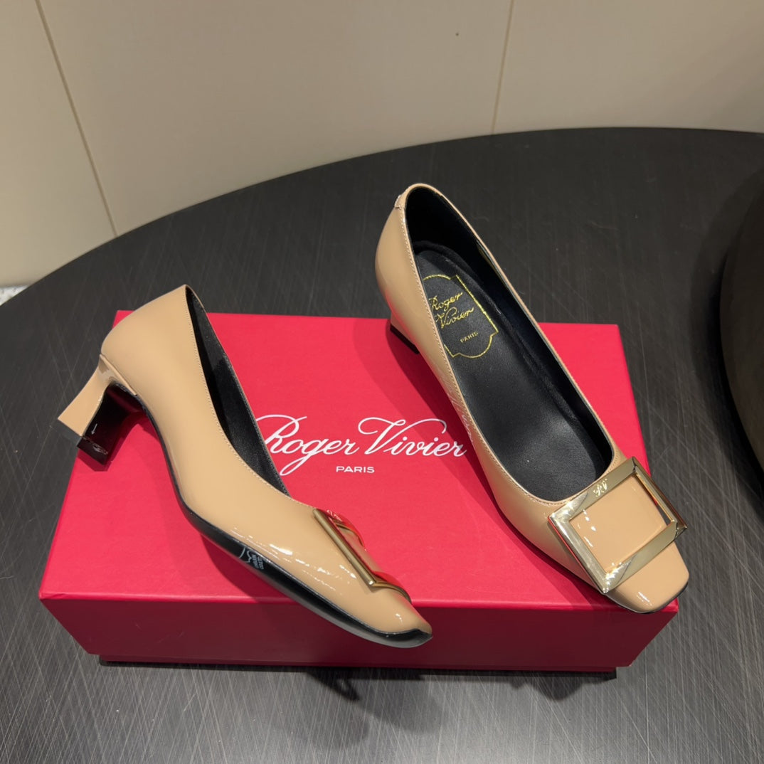 ROGER VIVIER 25S BELLE VIVIER PUMPS 45MM IN BEIGE CALFSKIN GOLD BUCKLE - 34