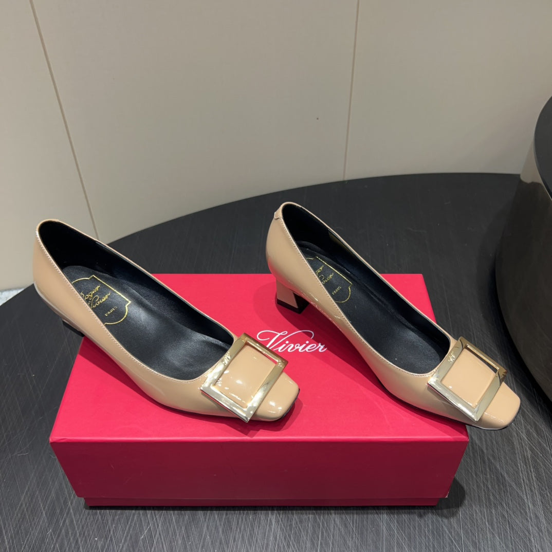 ROGER VIVIER 25S BELLE VIVIER PUMPS 45MM IN BEIGE CALFSKIN GOLD BUCKLE - 34