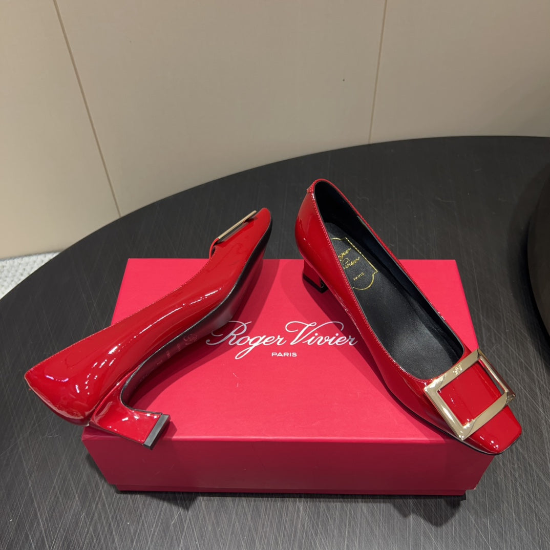 ROGER VIVIER 25S BELLE VIVIER PUMPS 45MM IN CRIMSON RED CALFSKIN GOLD BUCKLE - 34